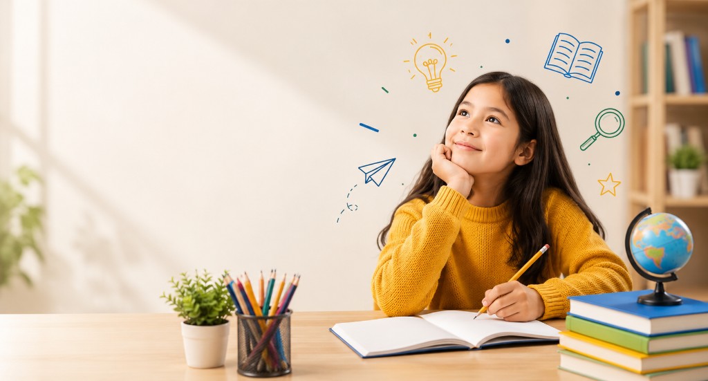 Young student daydreaming at a desk surrounded by books and learning icons